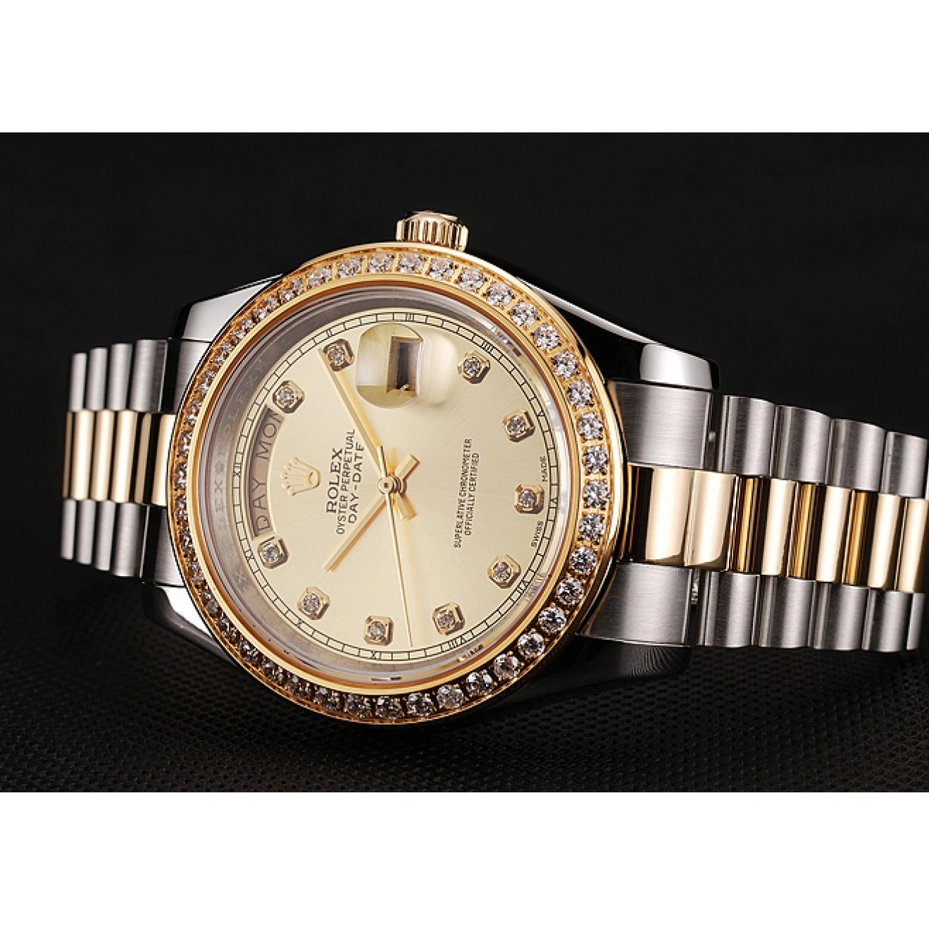 Aaa replica Champagne Tone Rolex 1453974 Steel Bracelet Gold Case Day-Date Stainless Two Diamond Dial Swiss 0627